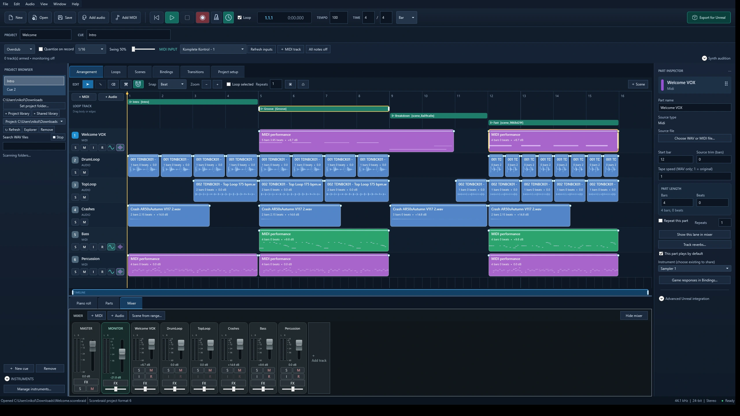 ScoreBraid arrangement showing audio and MIDI parts, musical regions, and a mixer