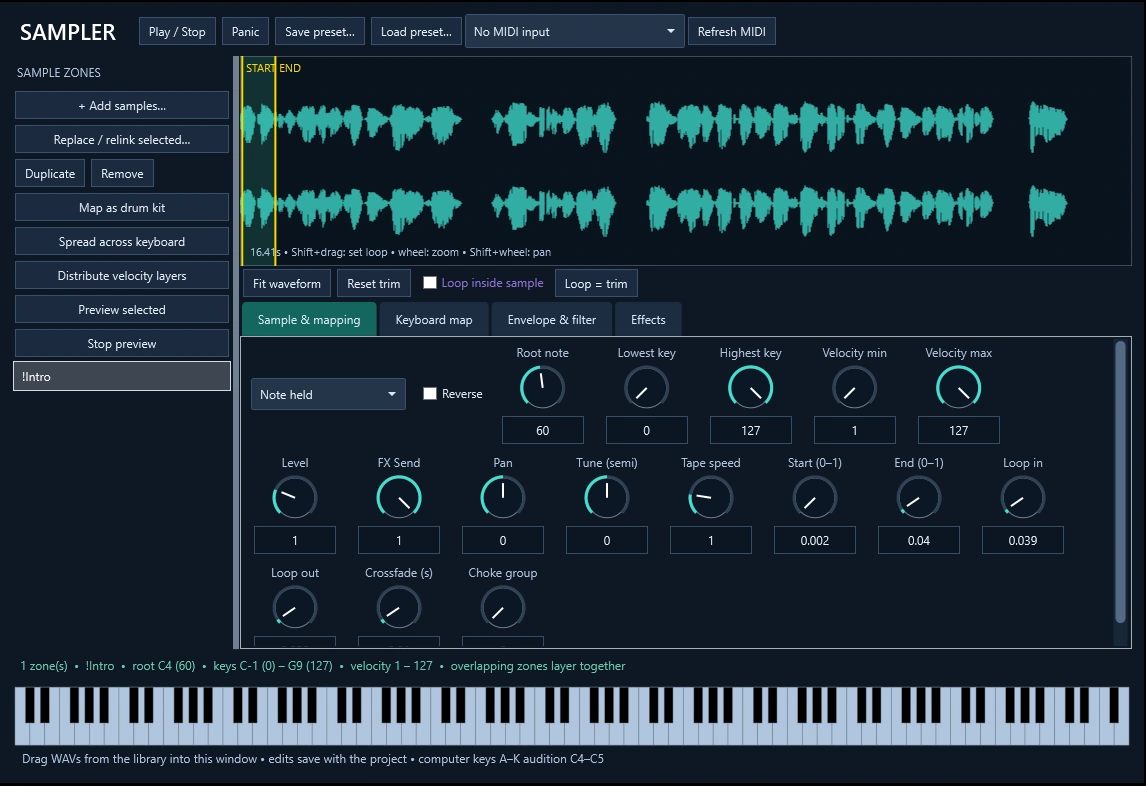 ScoreBraid sampler with waveform, sample zones, mapping controls, and keyboard