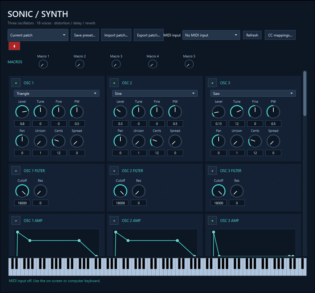 Sonic synth editor with three oscillators, filters, envelopes, and keyboard